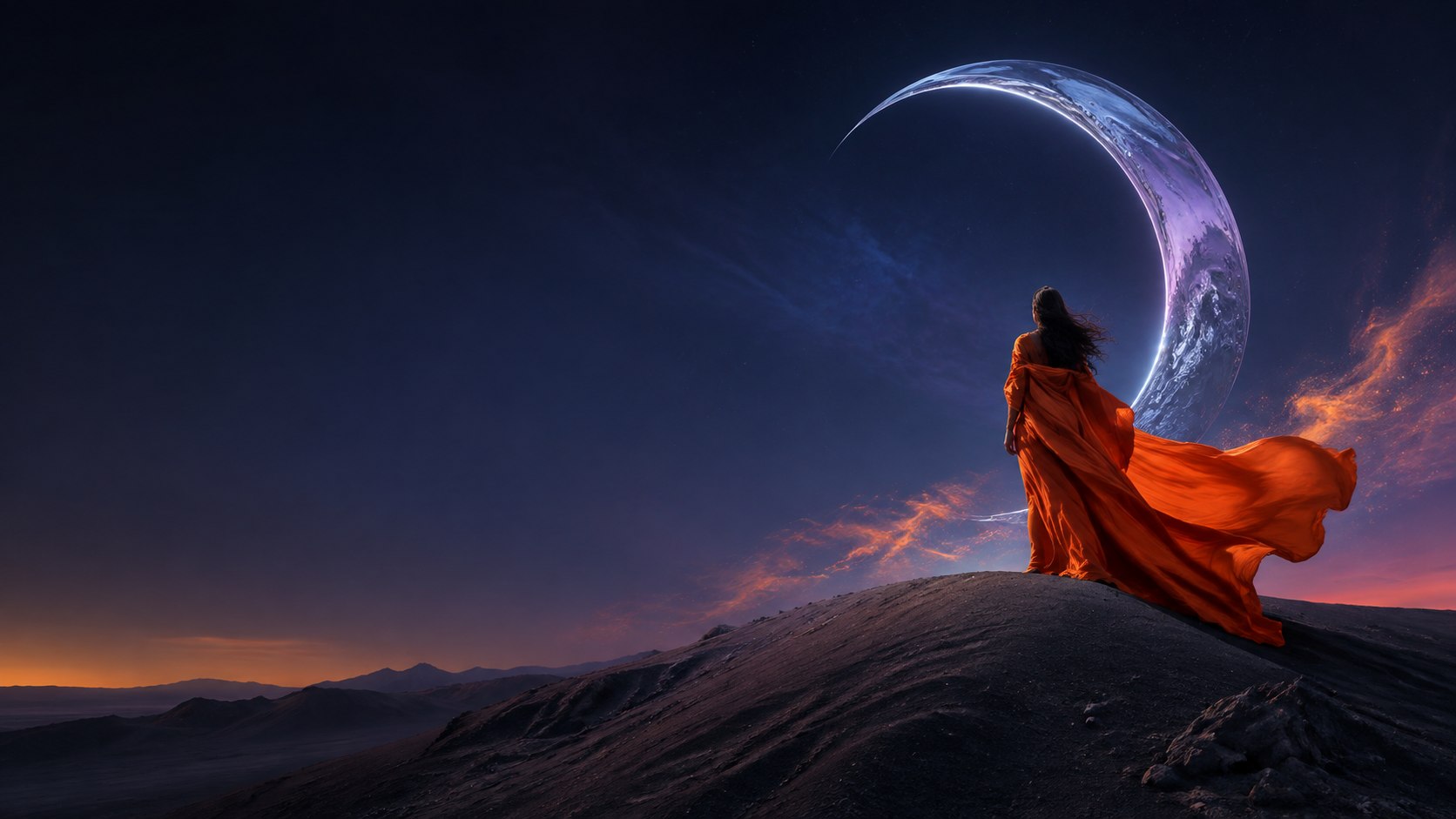 Original Techrewa AI concept of an explorer under a chrome arc